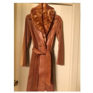 Long Leather camel Jacket with removable fur